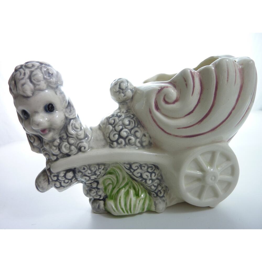 Vintage Ceramic Poodle Kitsch Dog Planter w/ Shell Cart - 5" Tall x 6.5"
